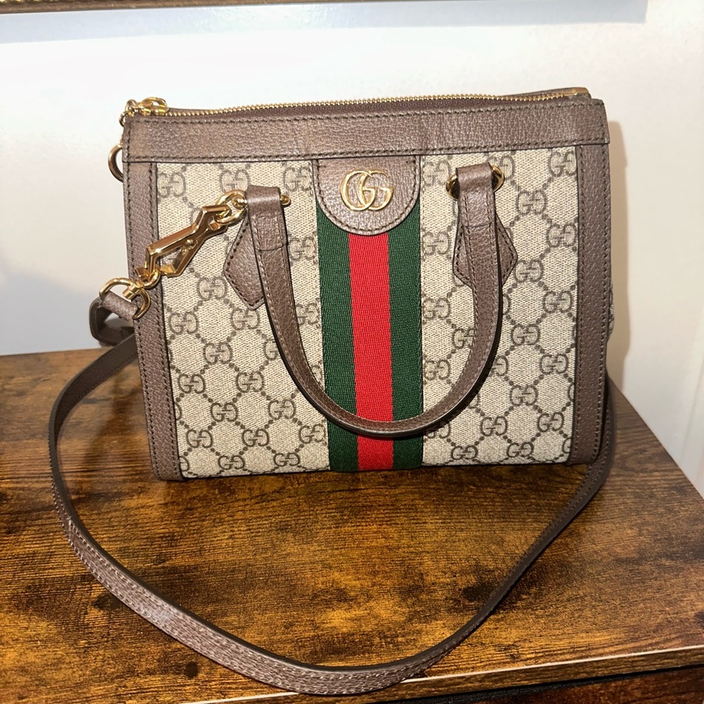 Gucci Beige and Brown Crossbody Bag with Red and Green Stripe